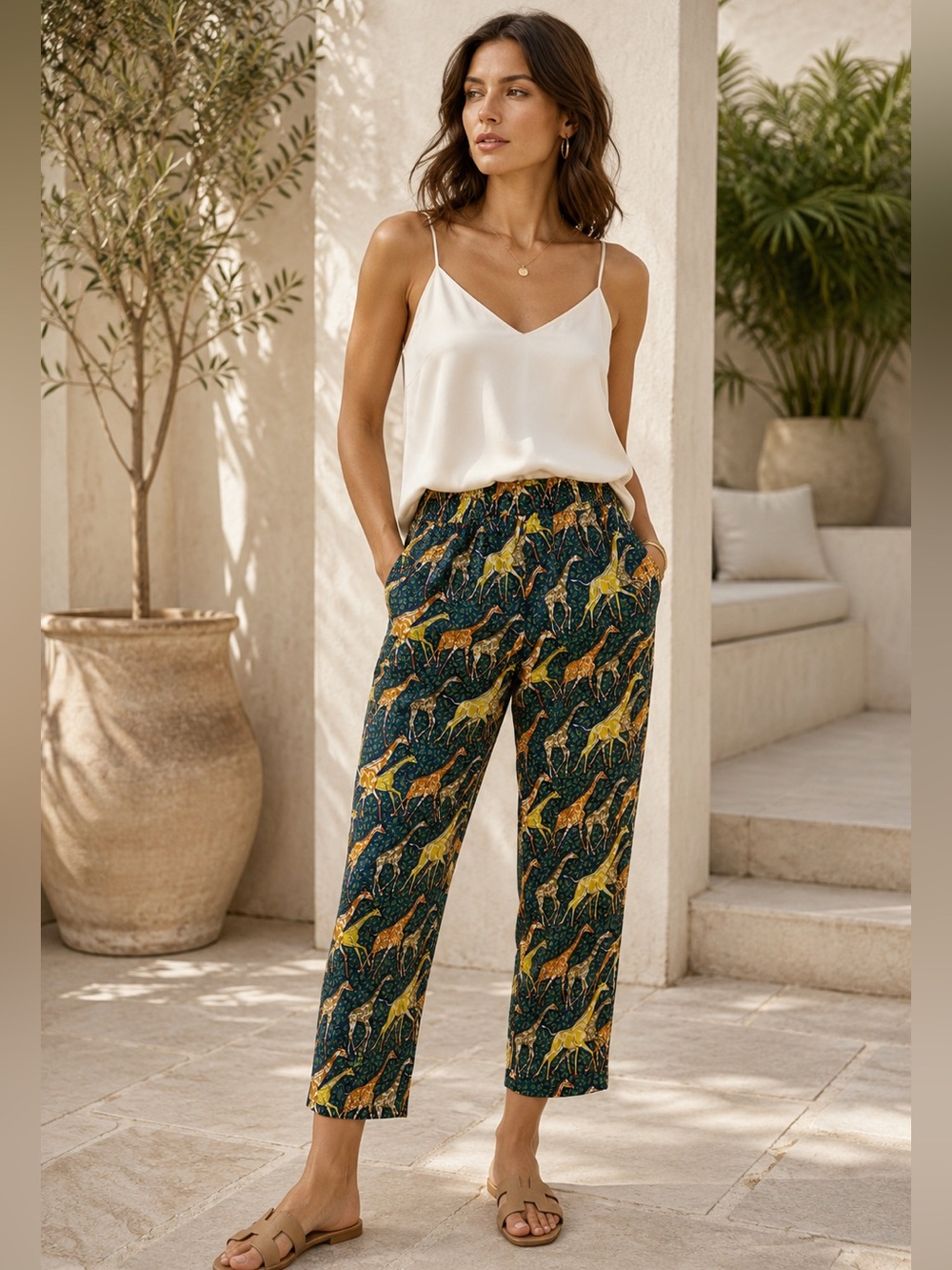 J.Crew Collection Silk Giraffe Print Pull On Cropped Pants Safari Novelty 4